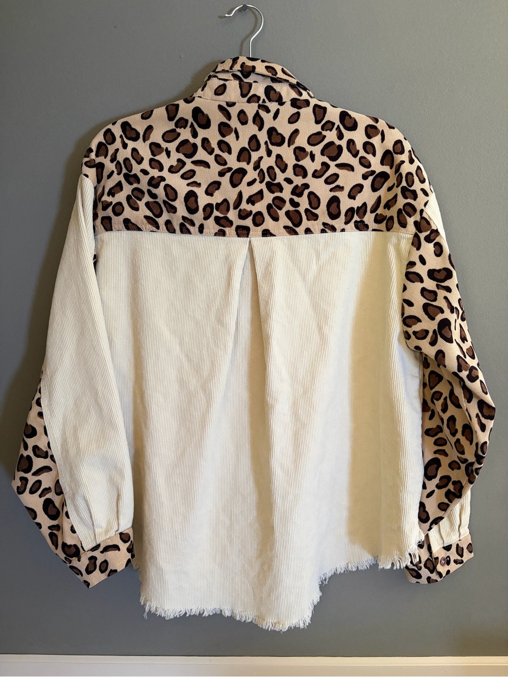 Umgee Leopard & Cream Patchwork Corduroy Shacket Raw Hem Oversized Western Boho - Picture 10 of 12